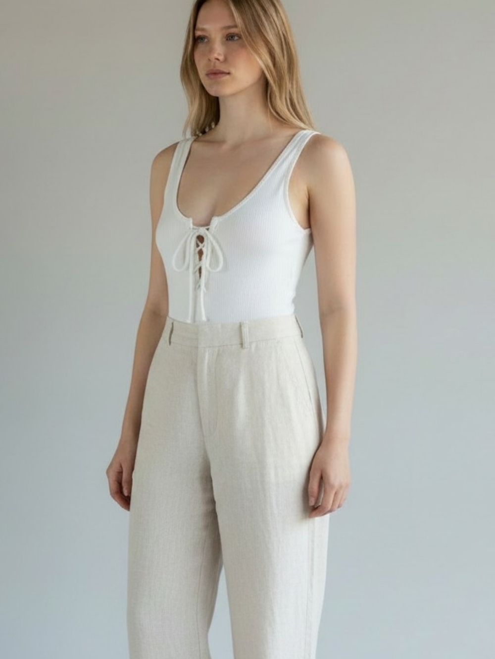 Me To We White Lace Up Front Sleeveless Bodysuit (S)